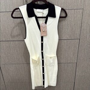Meshki Cream and Black Sleeveless Knit Mini Dress